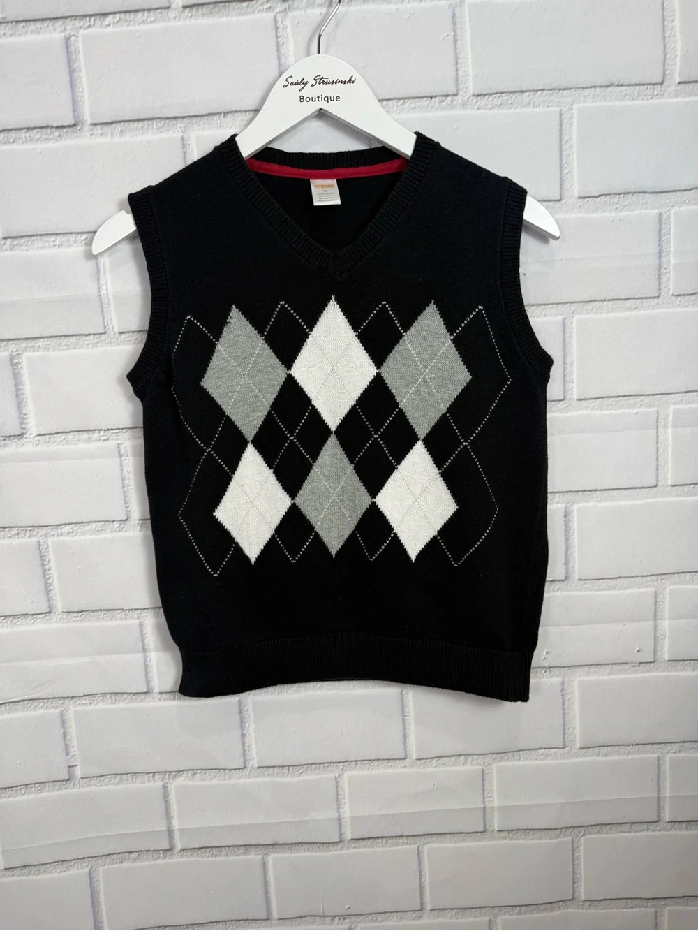 Gymboree Boys Argyle Sweater Vest Size 12 Black Gray White V-Neck Cotton Preppy